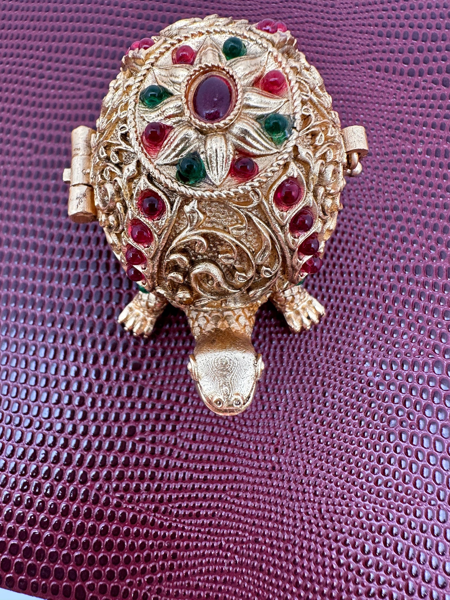 Turtle Design Red Green Stone Matte Finish Kumkum Box Bharani