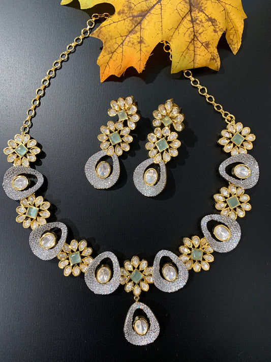 Floral Pattern Kundan Mint Green Stone Short Necklace