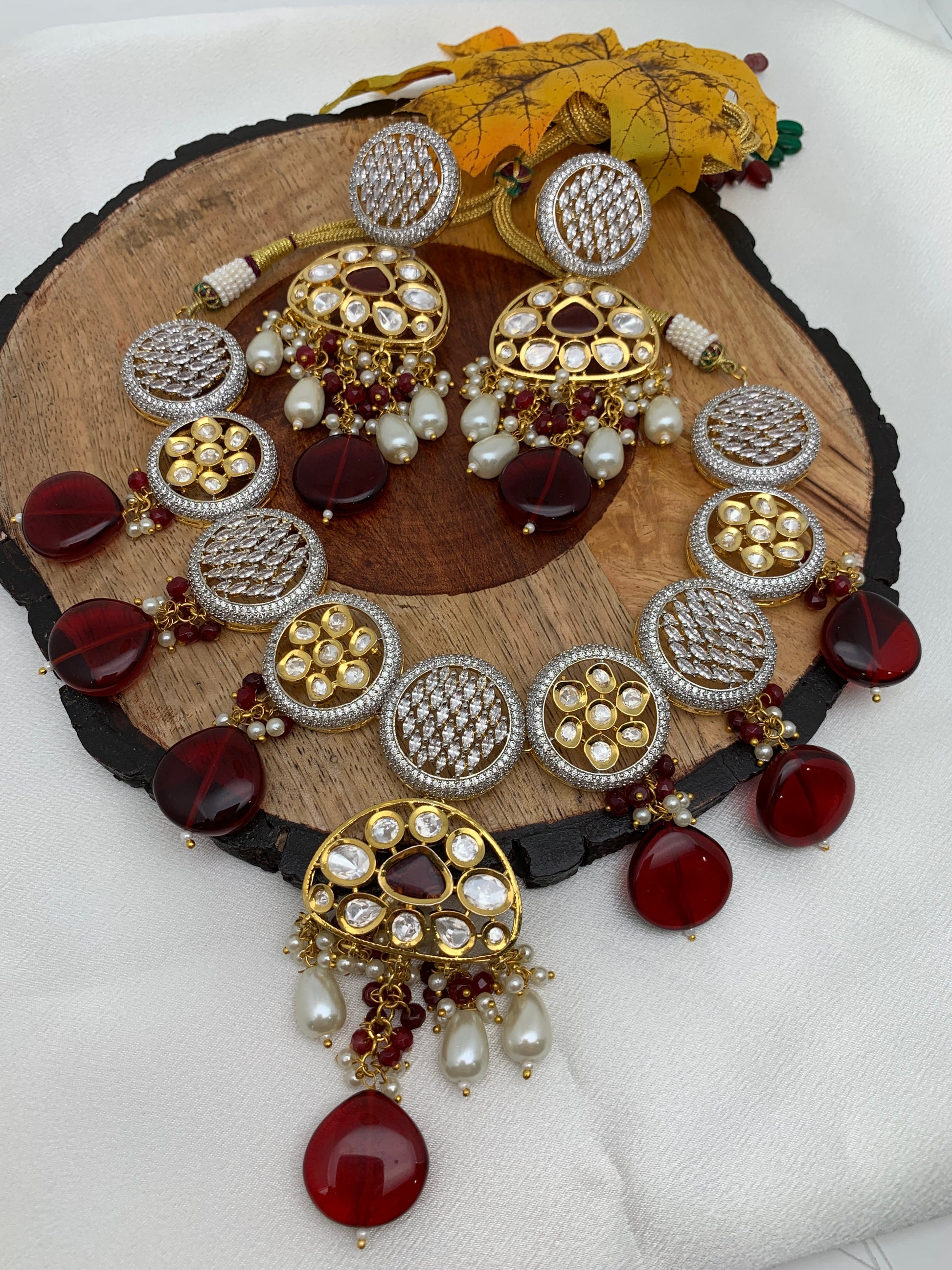 Kundan AD Red Beads Short Necklace