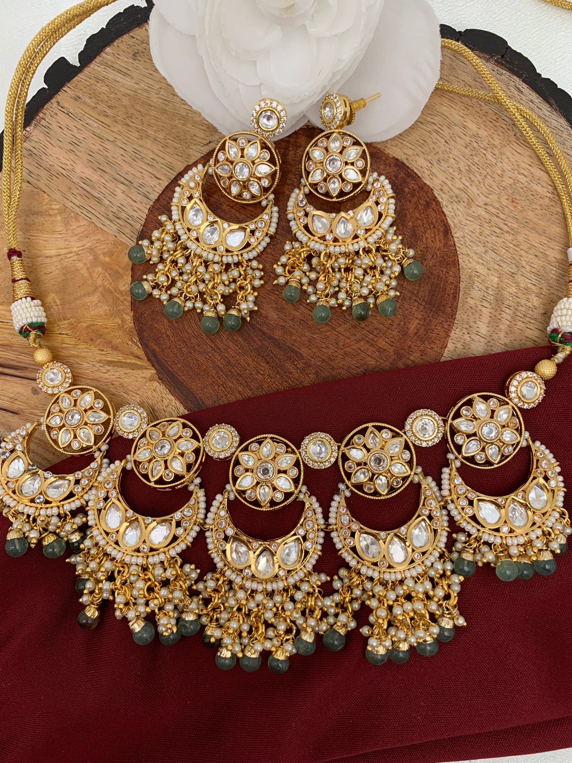 Kundan AD Green Beads Neckline Choker