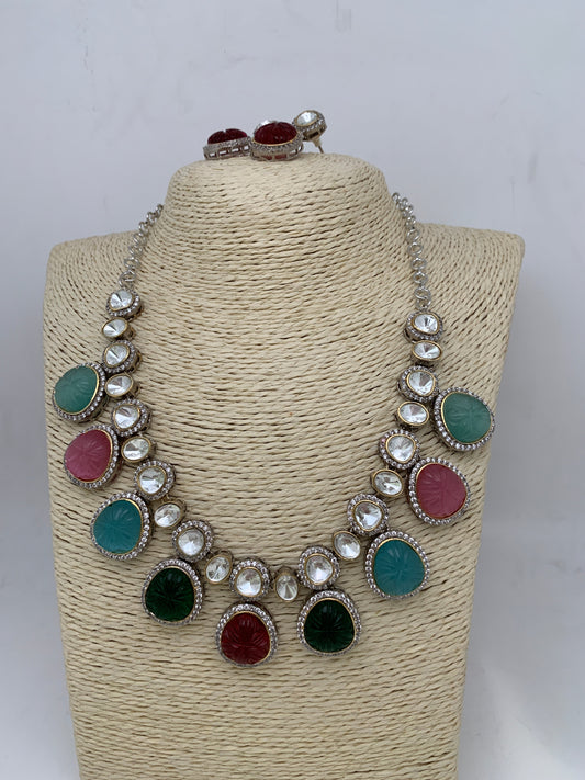 Kundan AD Multi Carved Stone Uncut Diamond Finish Necklace