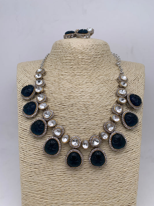 Kundan AD Blue Carved Stone Uncut Diamond Finish Necklace