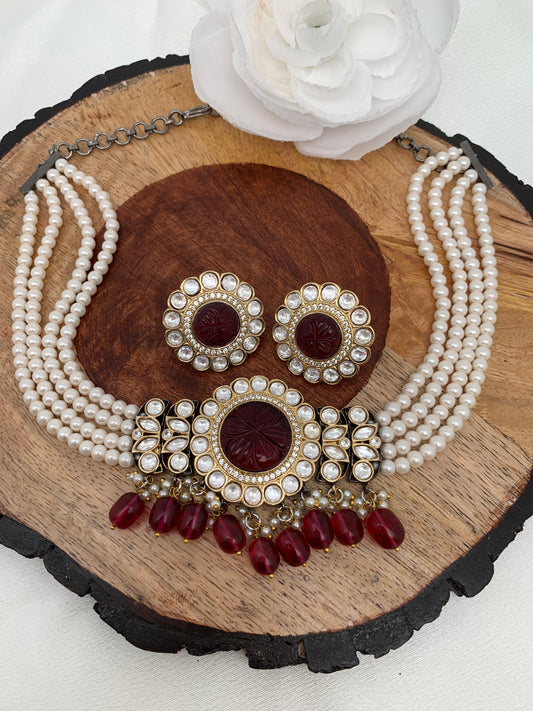 Kundan Red Carved Stone Red Beads Pearl Choker