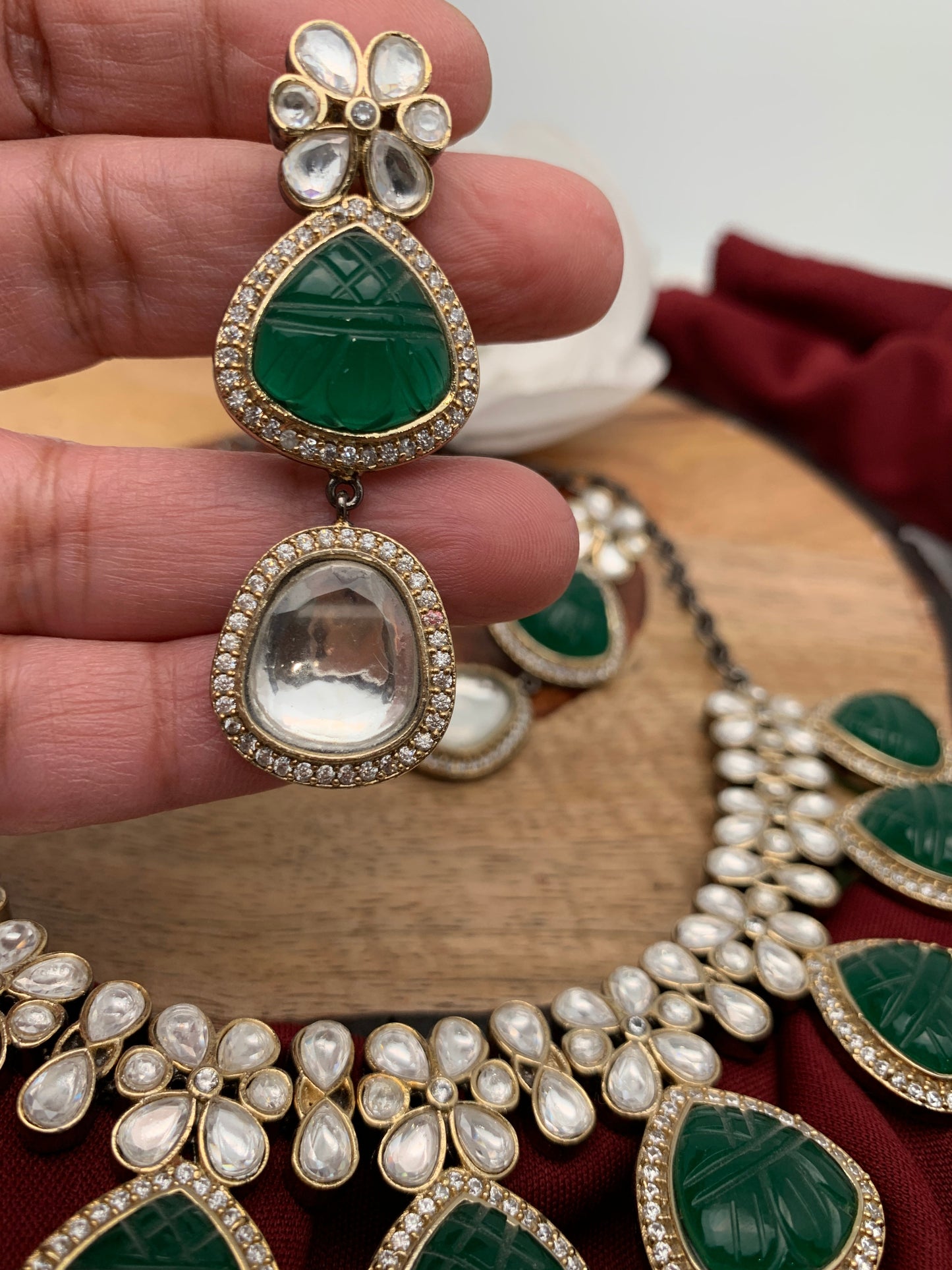 Kundan Green Carved Stone Necklace