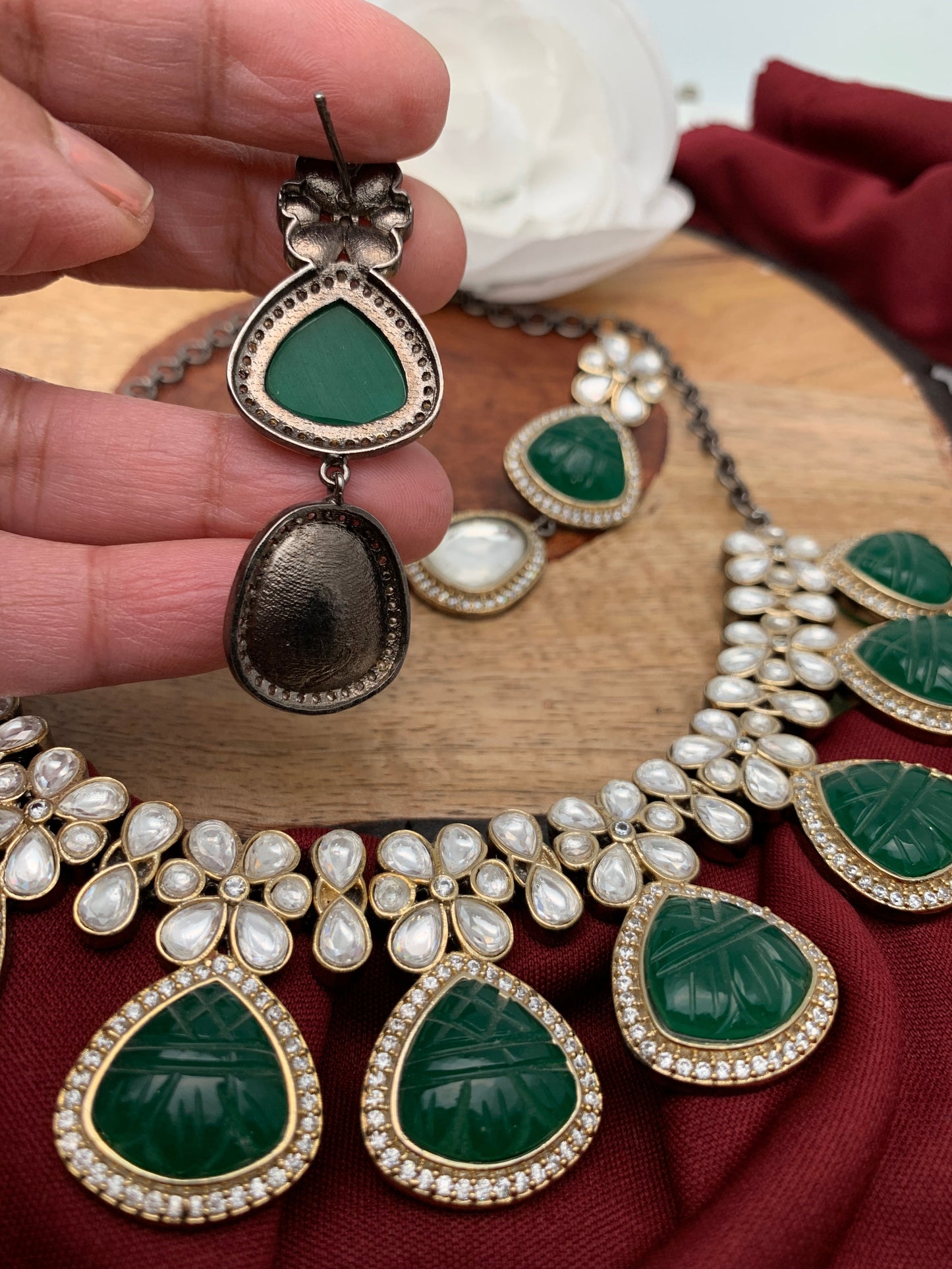 Kundan Green Carved Stone Necklace