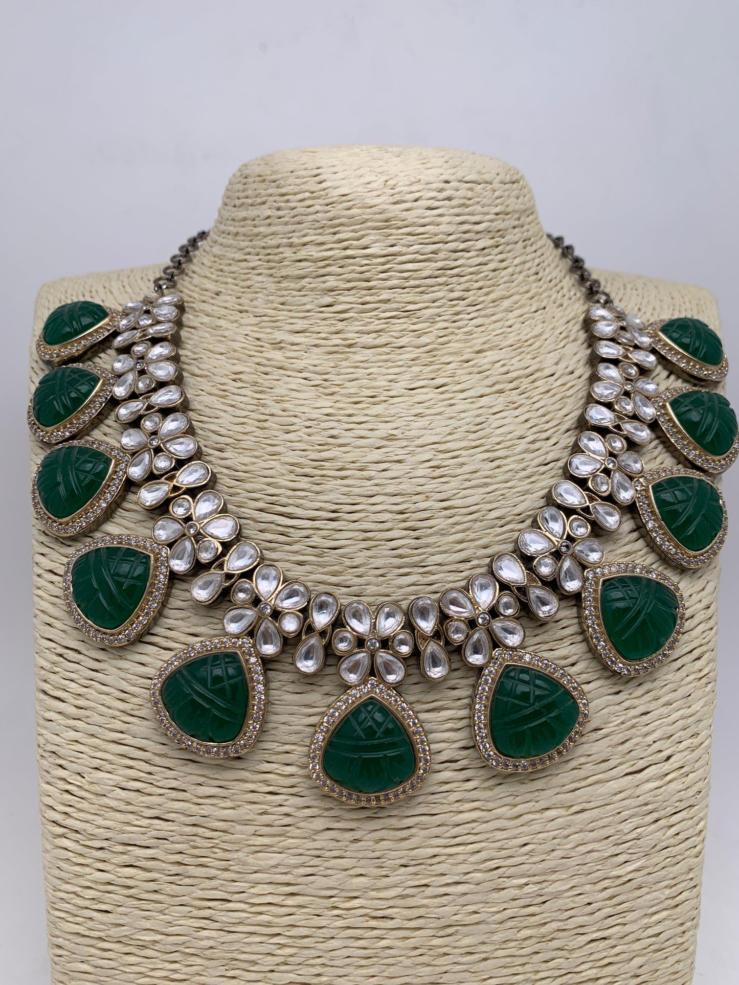 Kundan Green Carved Stone Necklace