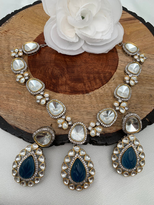 Uncut Diamond Polki Kundan Blue Carved Stone Silver Polish Short Necklace