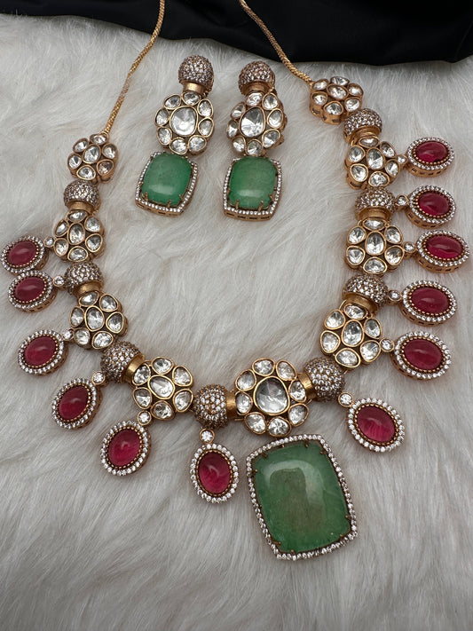 Kundan Floral Pink Green Stone Short Necklace