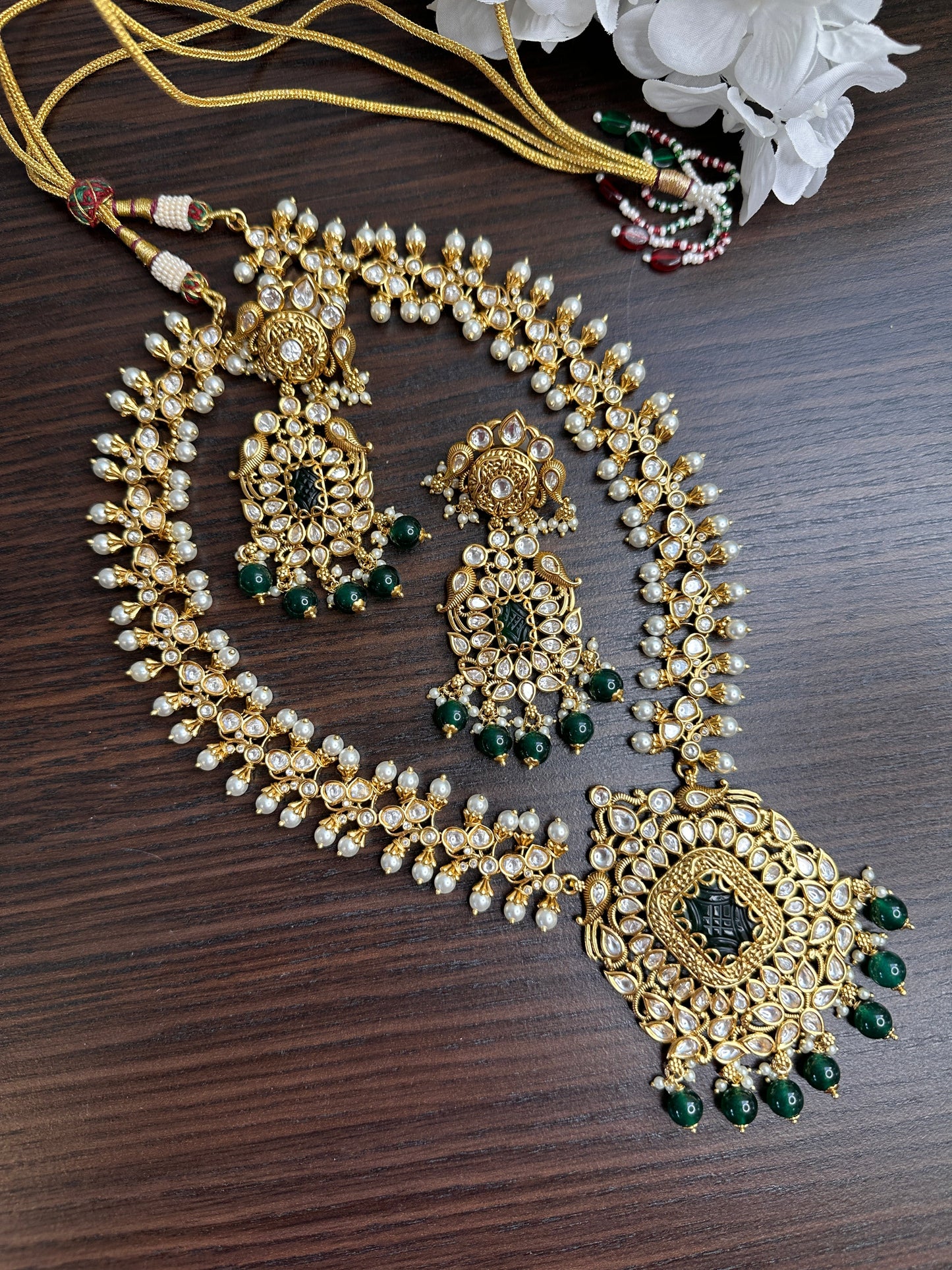 Kundan GreenStone Pearl Long Necklace