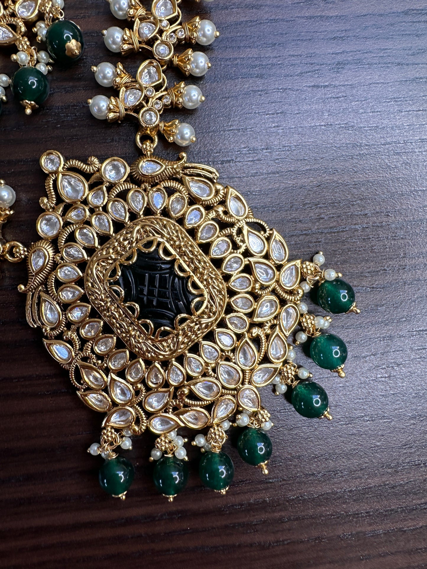 Kundan GreenStone Pearl Long Necklace