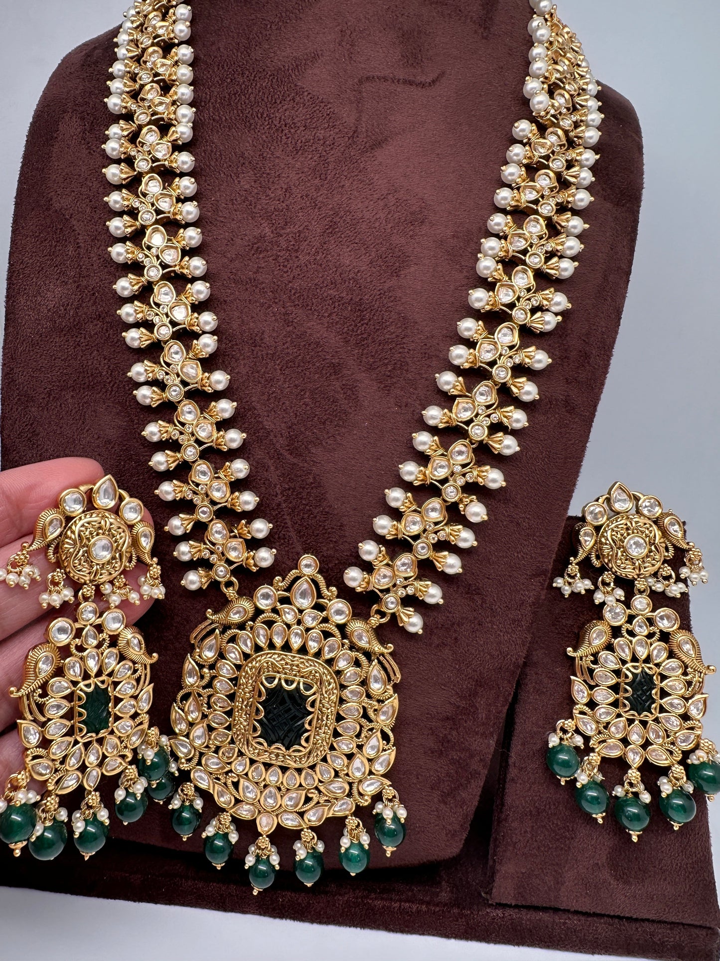 Kundan GreenStone Pearl Long Necklace