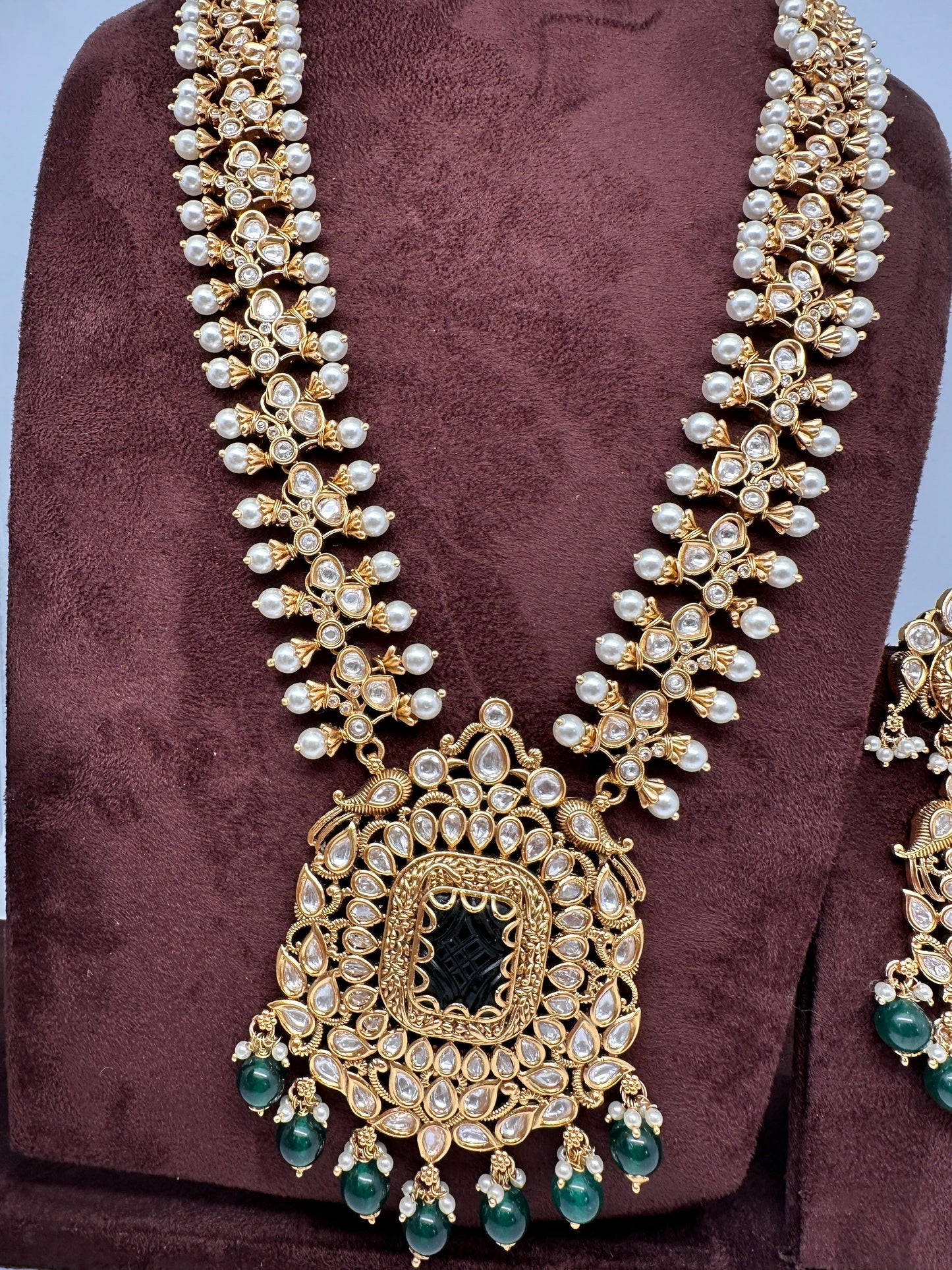 Kundan GreenStone Pearl Long Necklace