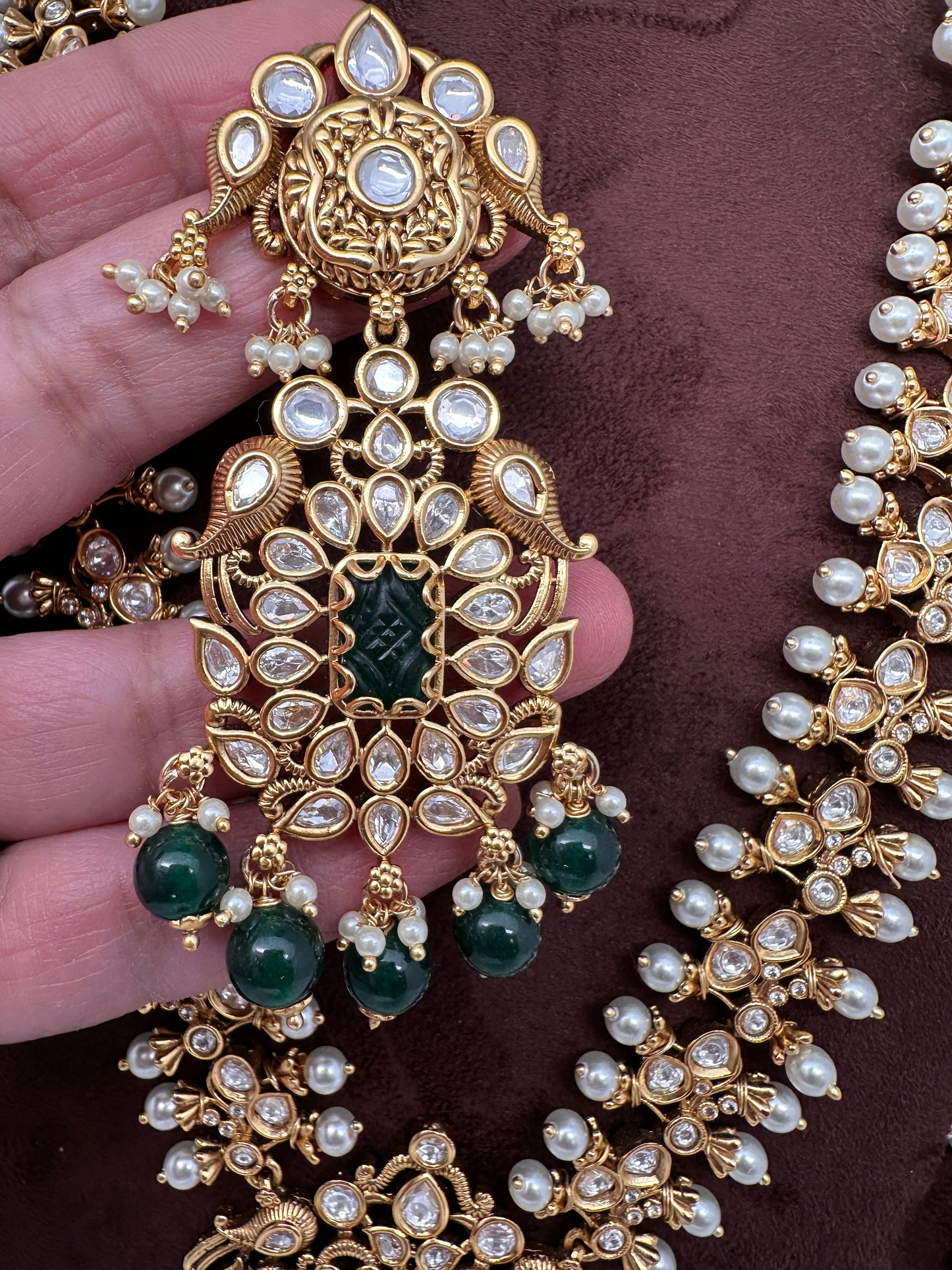 Kundan GreenStone Pearl Long Necklace