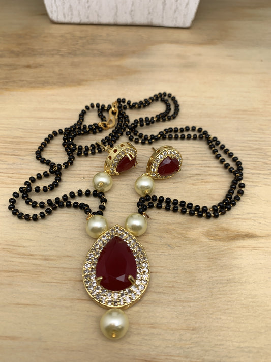 Two Line  Dew Drop Pattern CZ Red Stone and Pearls Mangalsutra