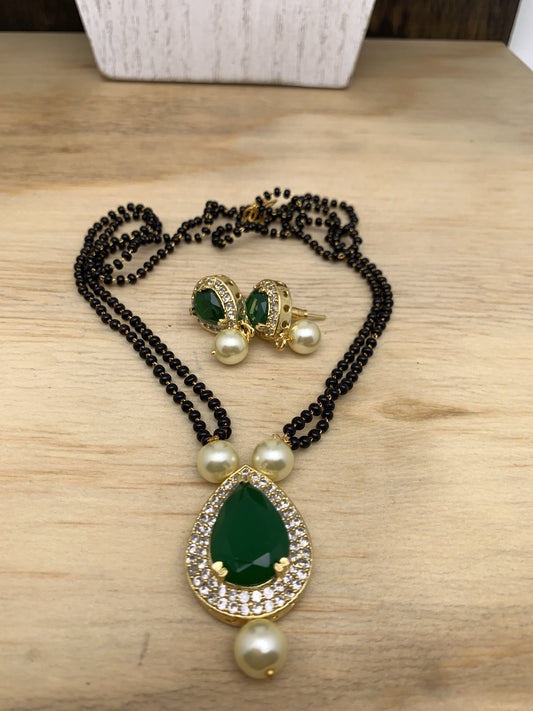 Two Line  Dew Drop Pattern CZ Green Stone and Pearls Mangalsutra