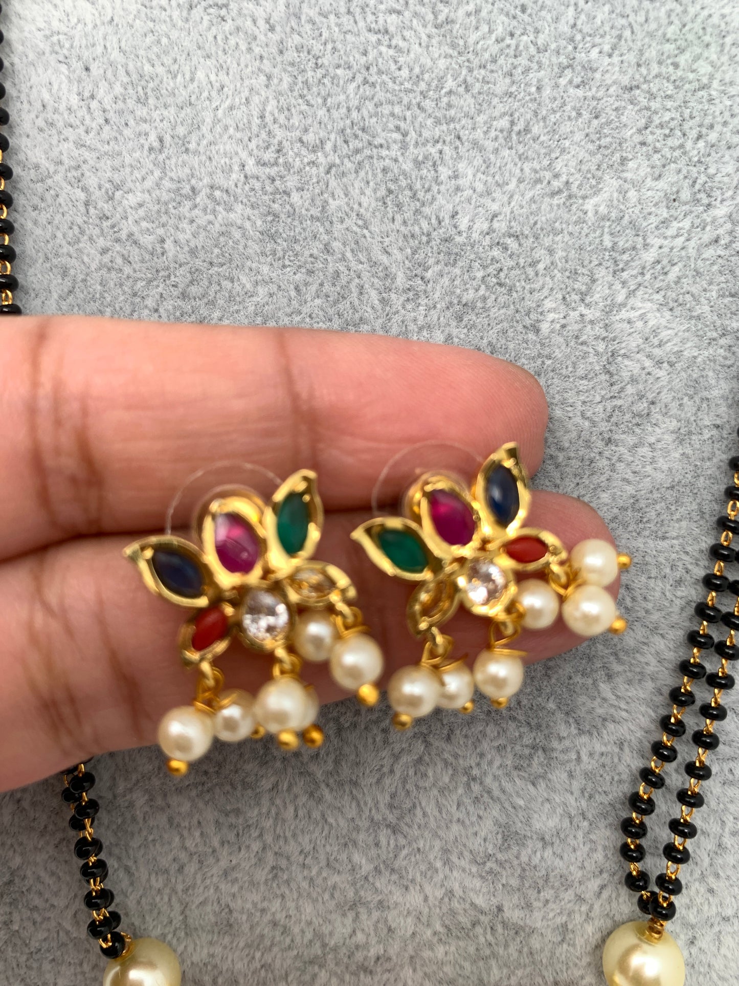 Floral Pendent CZ Navratan Stone Mangalsutra