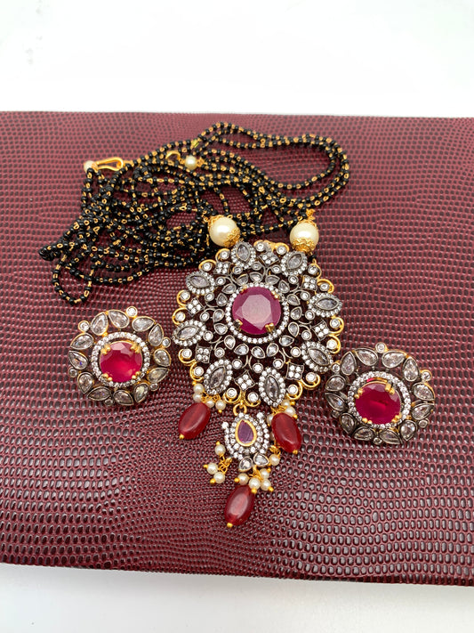 AD Red Stone Red Beads Dual Tone Mangalsutra