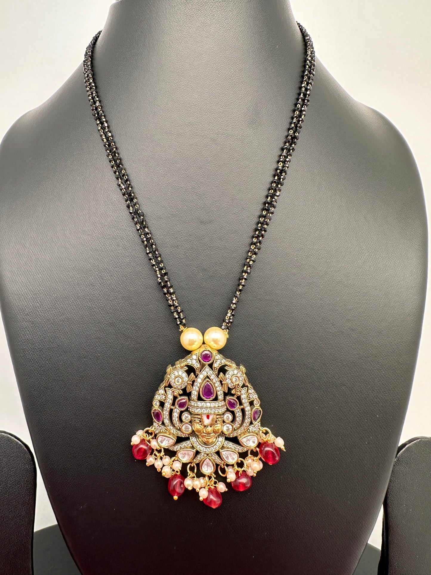 Lord Balaji Color Stone Color Beads Mangalsutra Necklace - Red