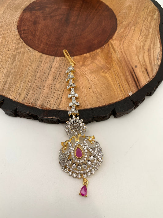 Ruby Red Stone AD Peacock Design Diamond Finish Maangteeka