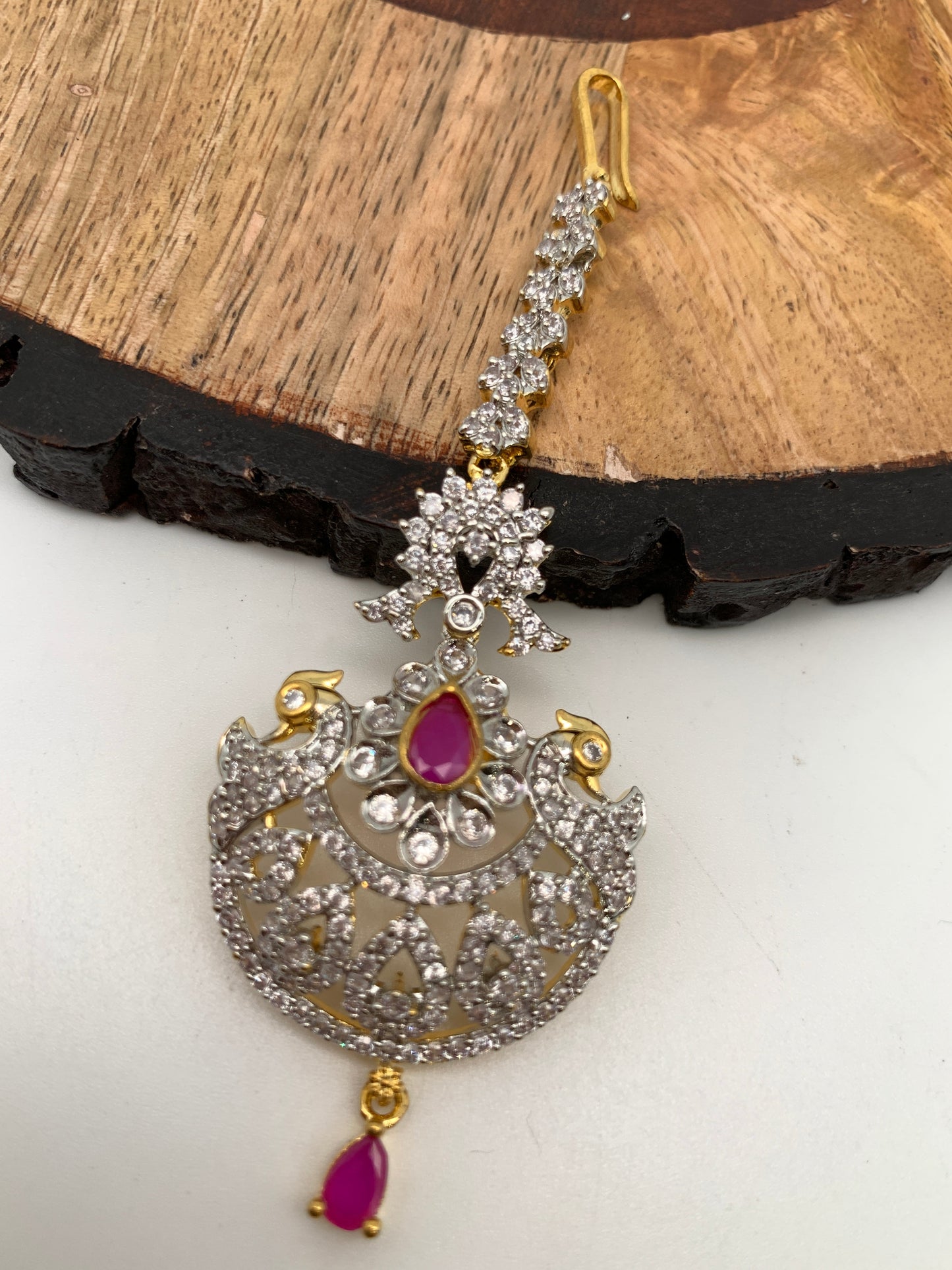 Ruby Red Stone AD Peacock Design Diamond Finish Maangteeka