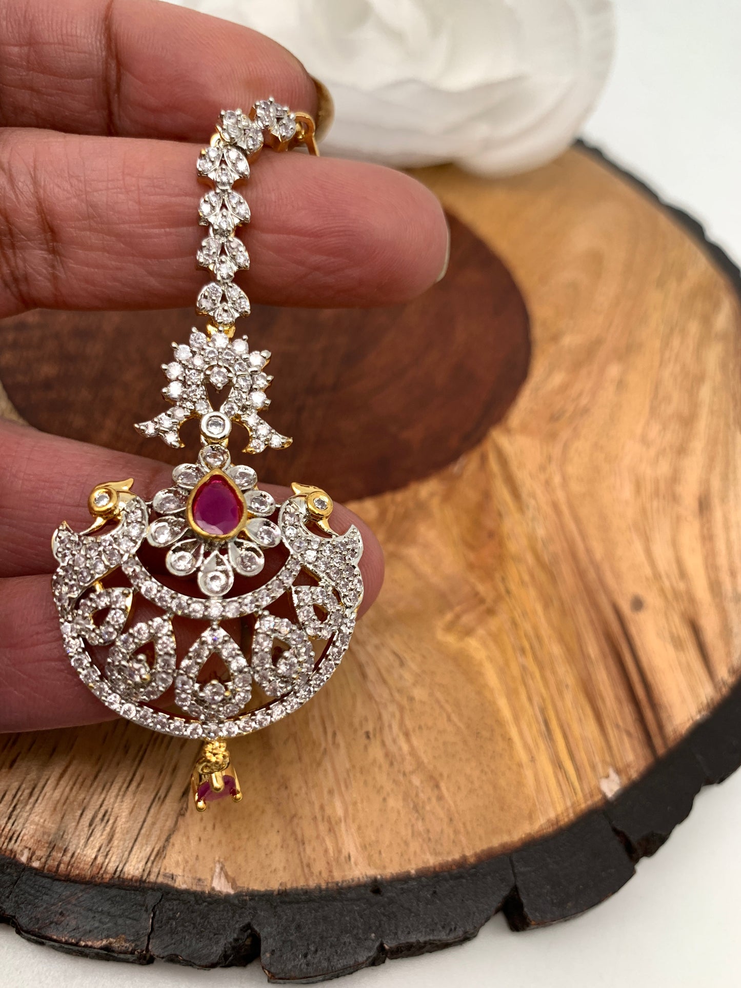 Ruby Red Stone AD Peacock Design Diamond Finish Maangteeka