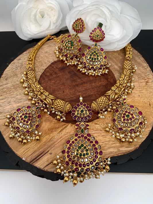 Kanthi Style CZ Red Stone Short Nakshi Necklace Set