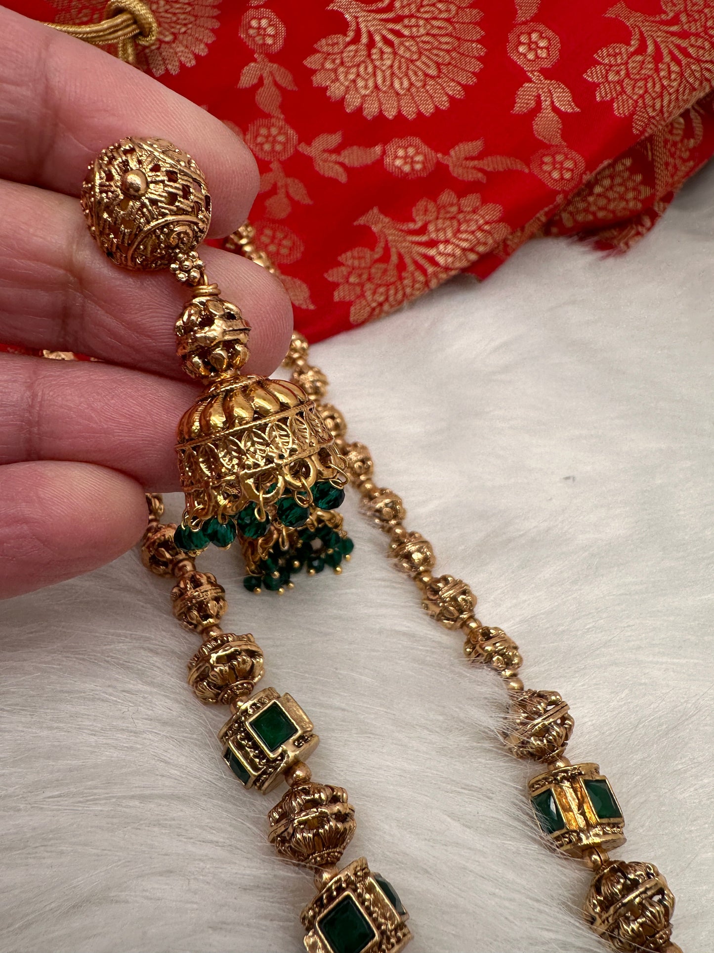 Golden Nakshi Balls Color Stone Necklace - Green