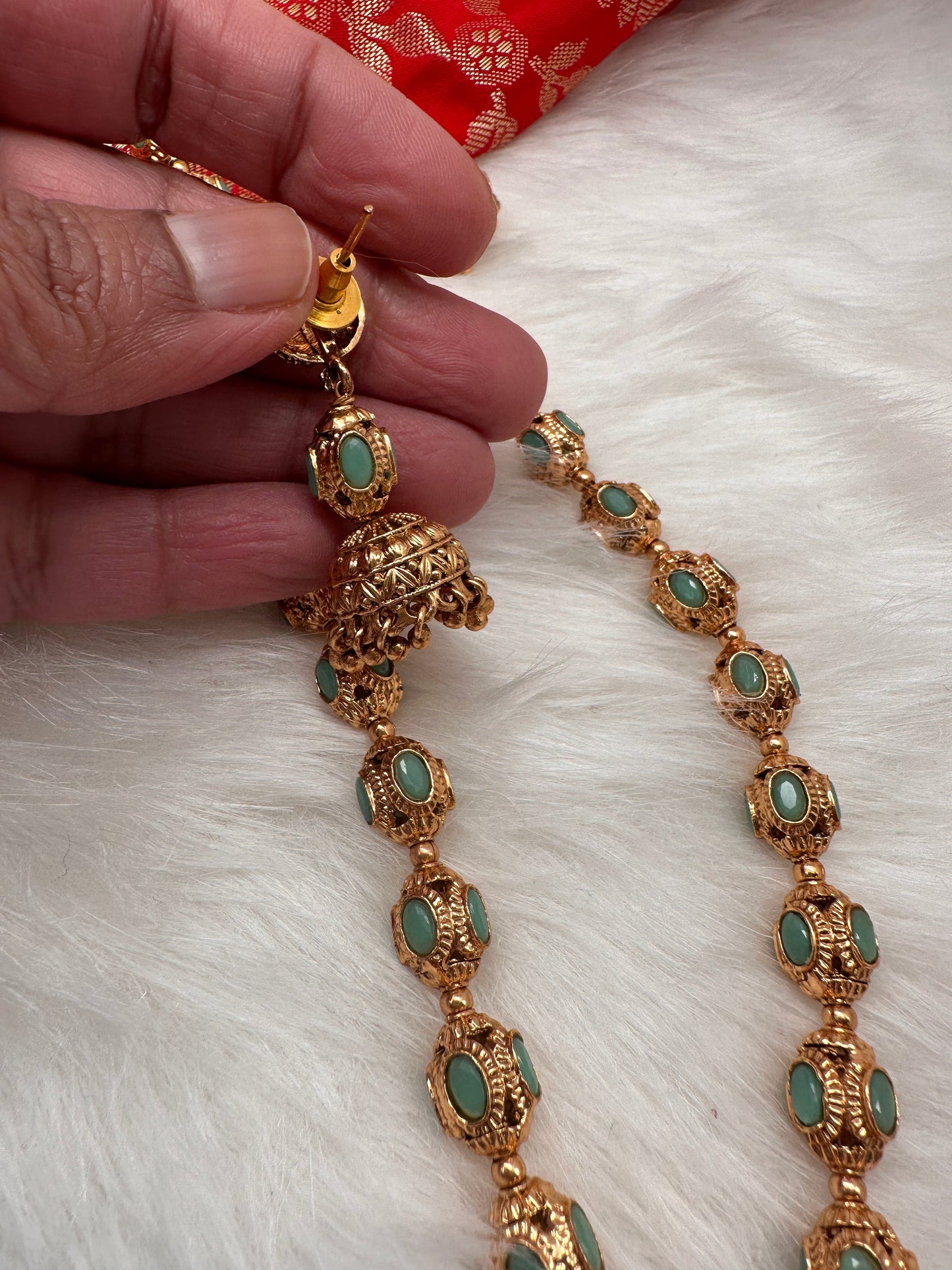 Golden Nakshi Balls Color Stone Necklace - Green