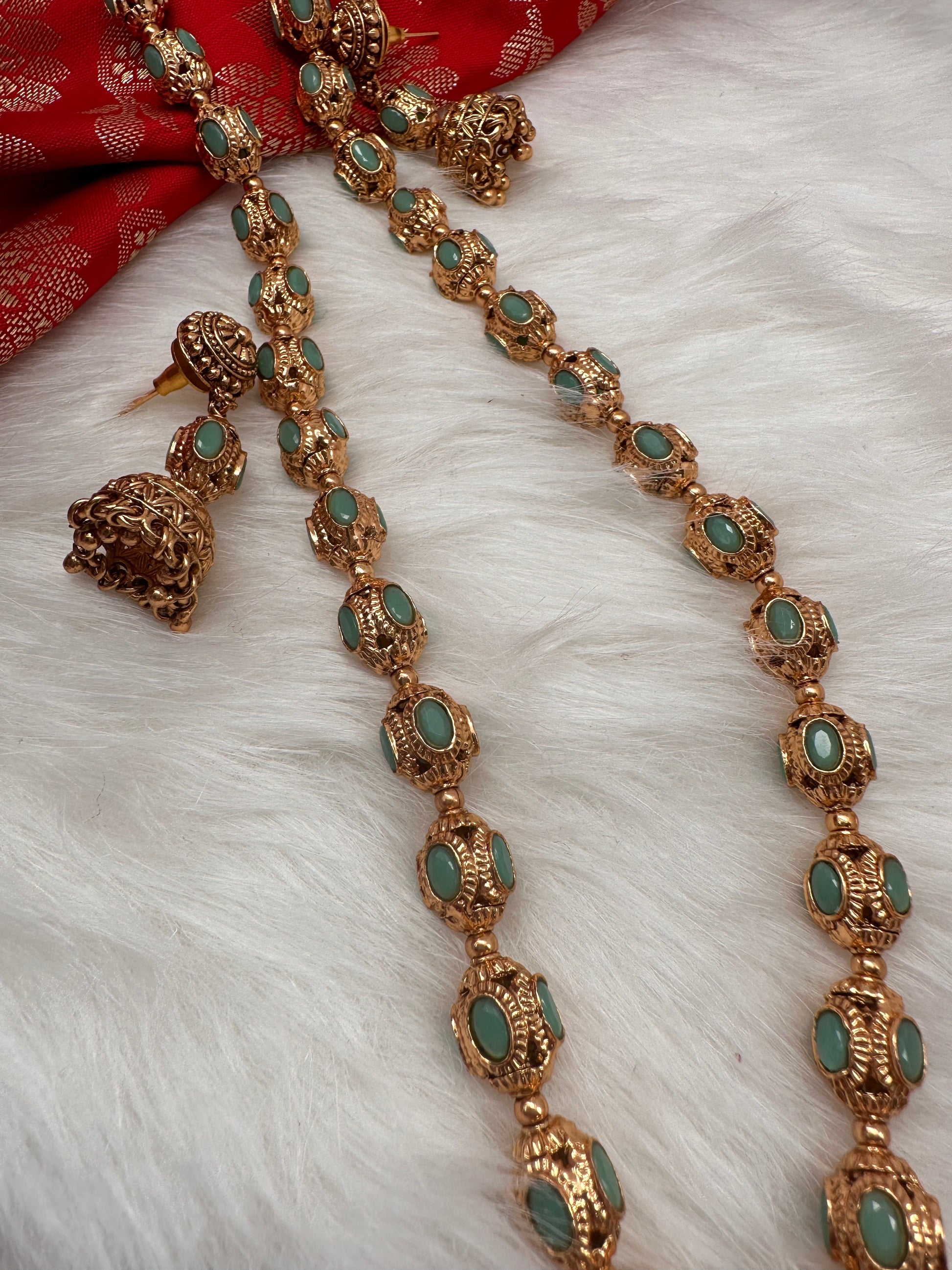 Golden Nakshi Balls Color Stone Necklace - Green