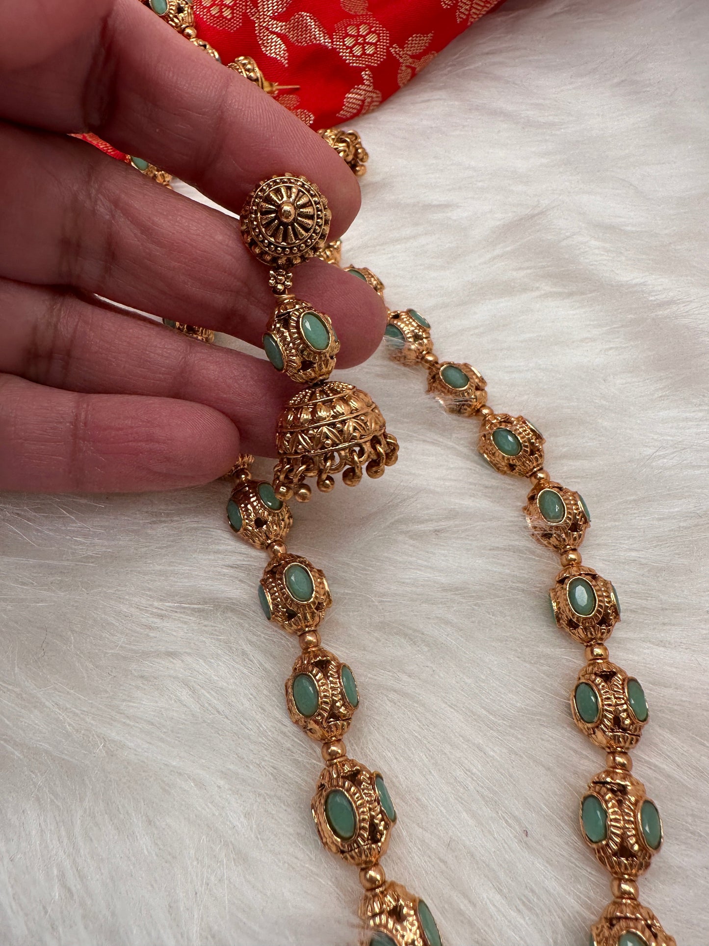 Golden Nakshi Balls Color Stone Necklace - Green