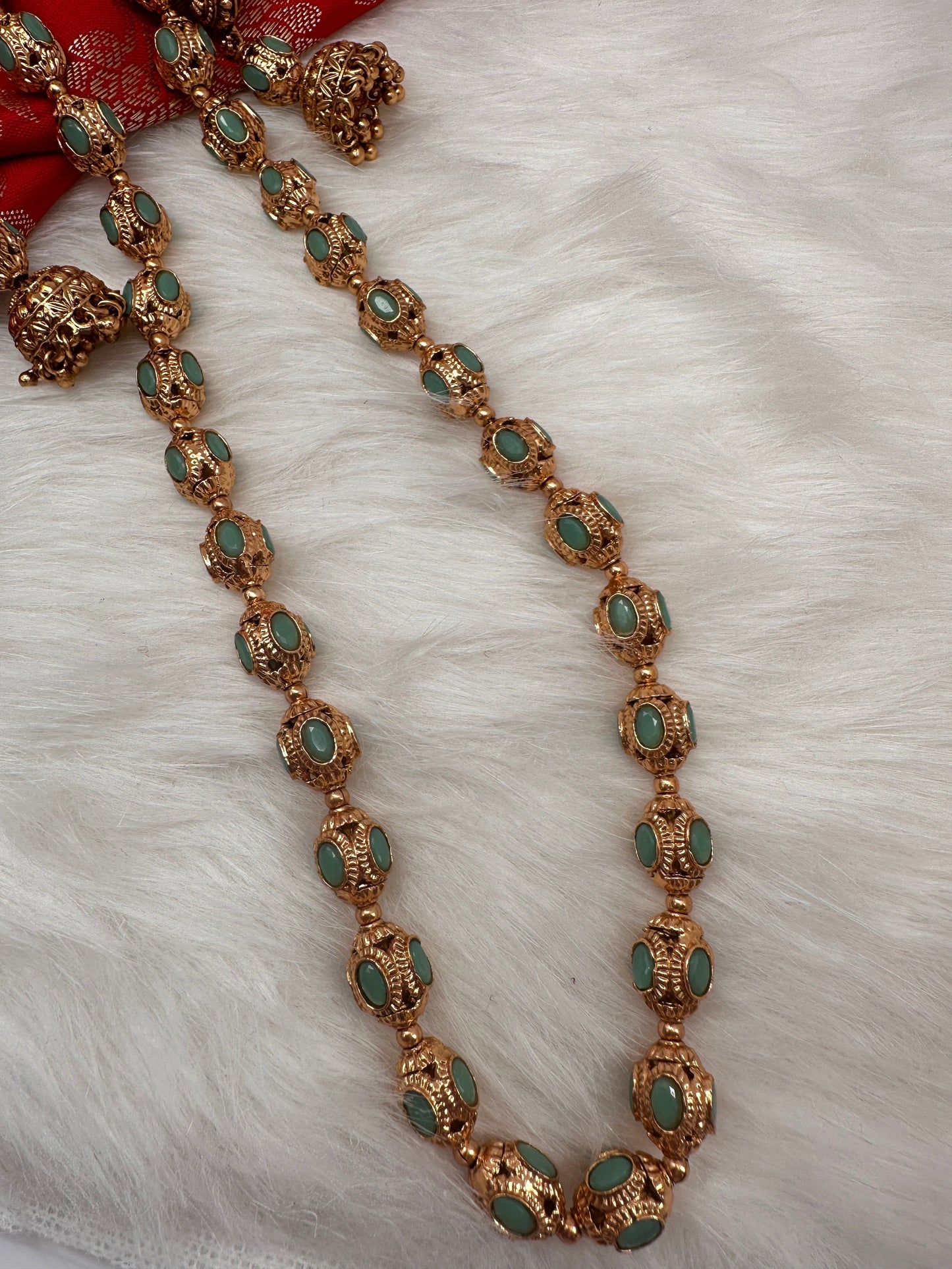 Golden Nakshi Balls Color Stone Necklace - Green