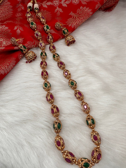 Golden Nakshi Ball Red Green Stone Necklace