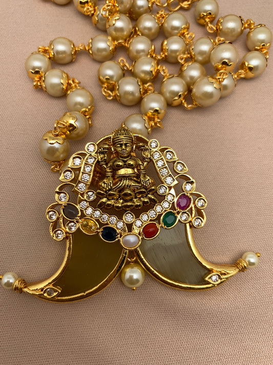 Lakshmi and Navratan Stone and Pearl Detachable Pendent with Pearl Mala