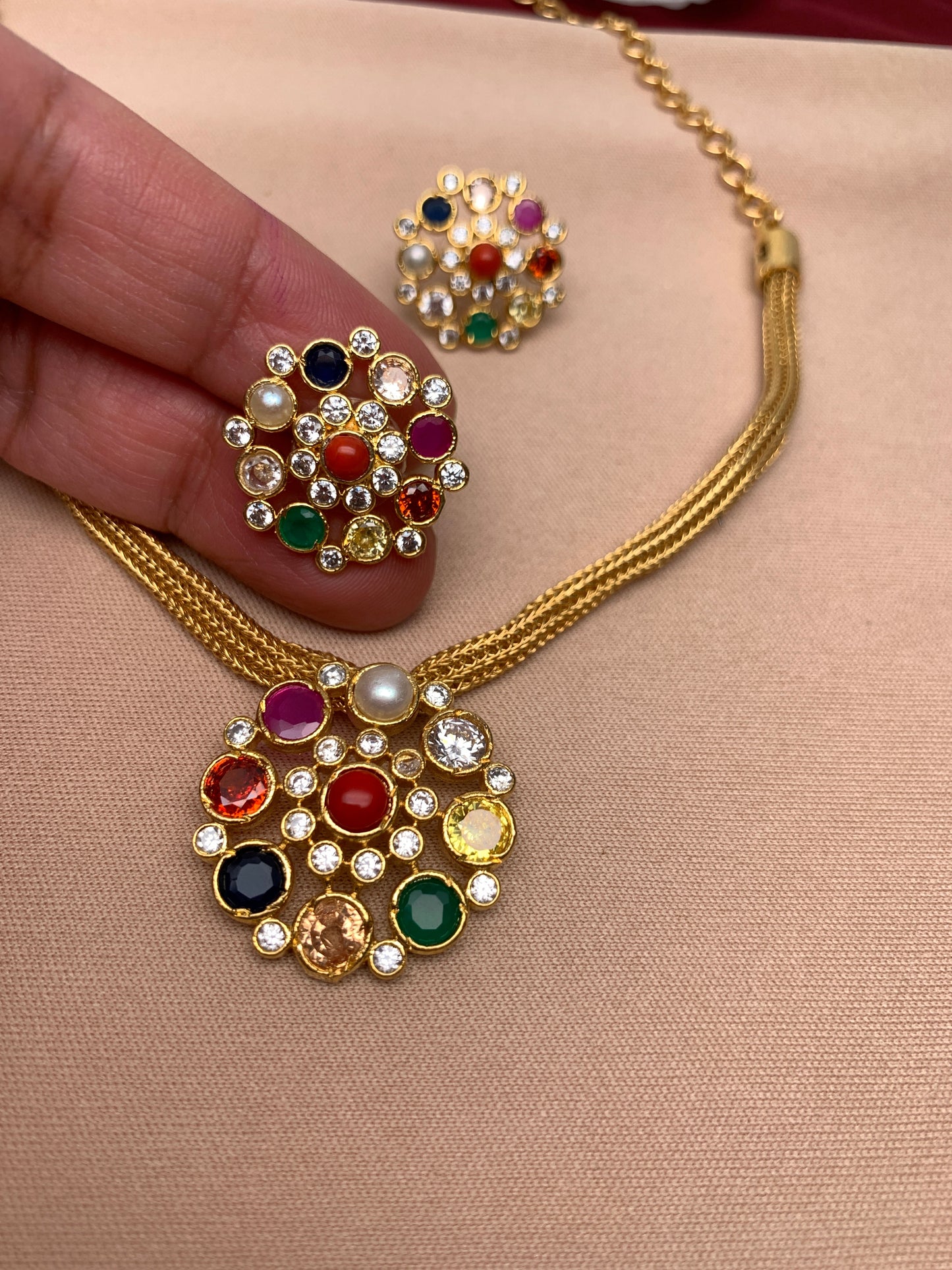 Simple Navratan Pendent Set with Matching studs