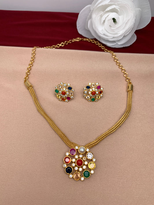 Simple Navratan Pendent Set with Matching studs