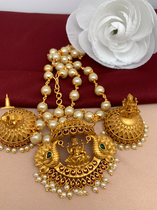 Goddess Lakshmi Peacock Pendent Set with Pearl Mala and Matching Jhumki