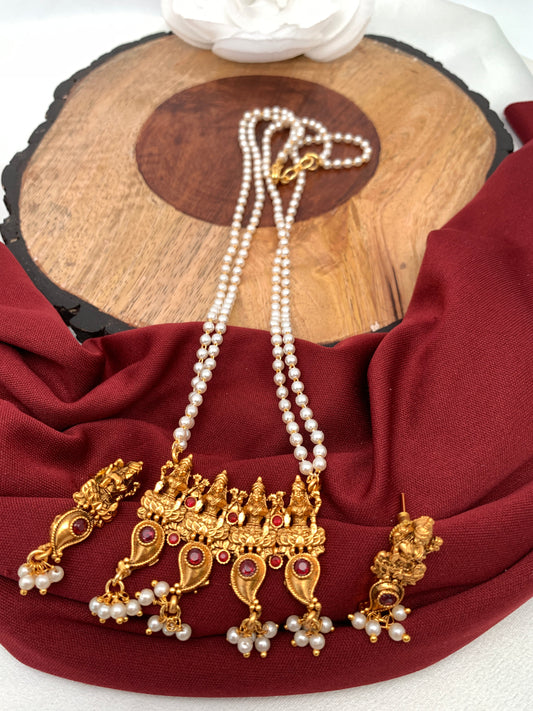 Goddess Lakshmi Red Stone Pendent Set With Pearl Mala