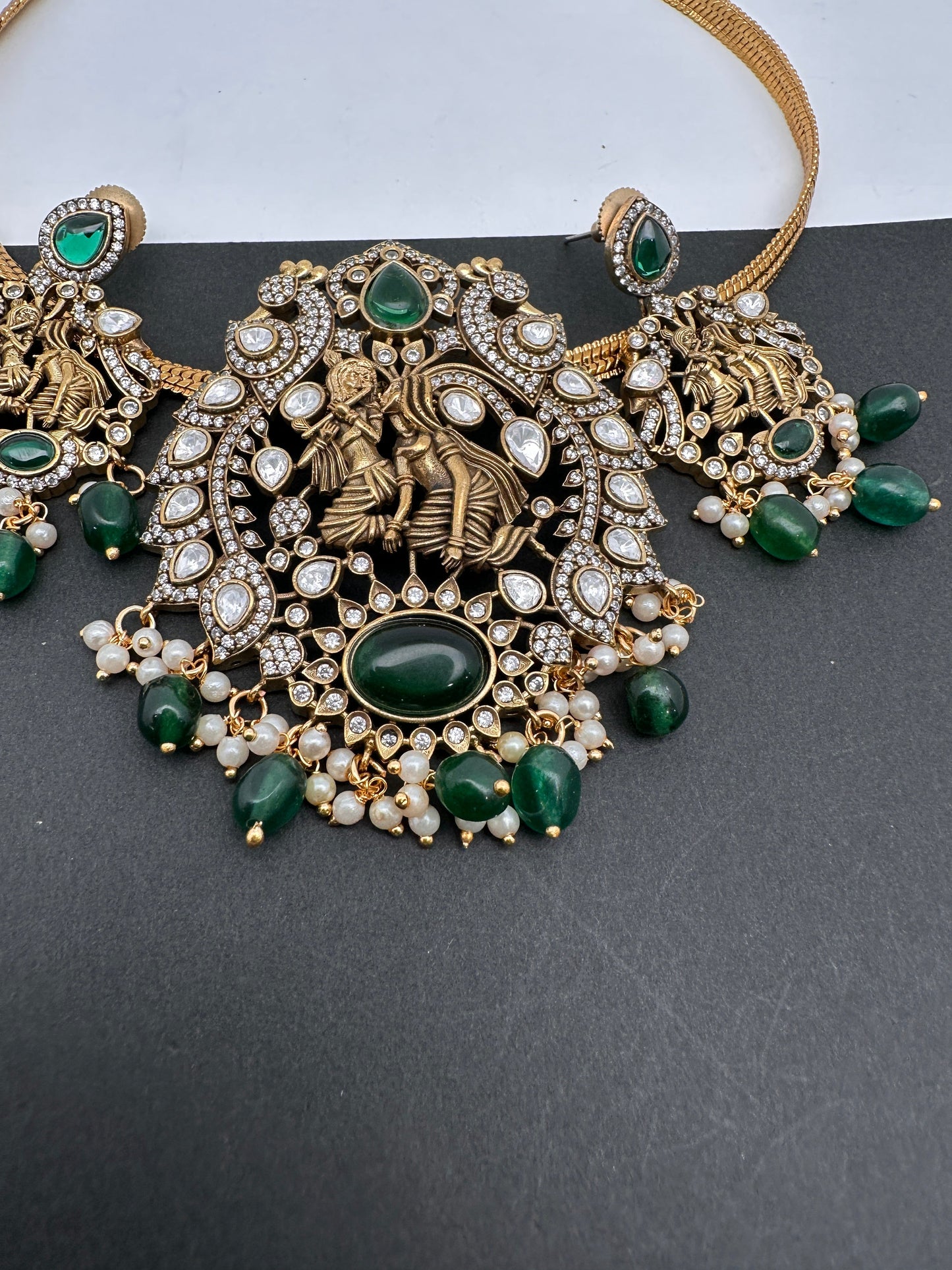 Radha Krishna Nakshi Color Stone Kundan Victorian Mehndi Finish Pendent Set - Green