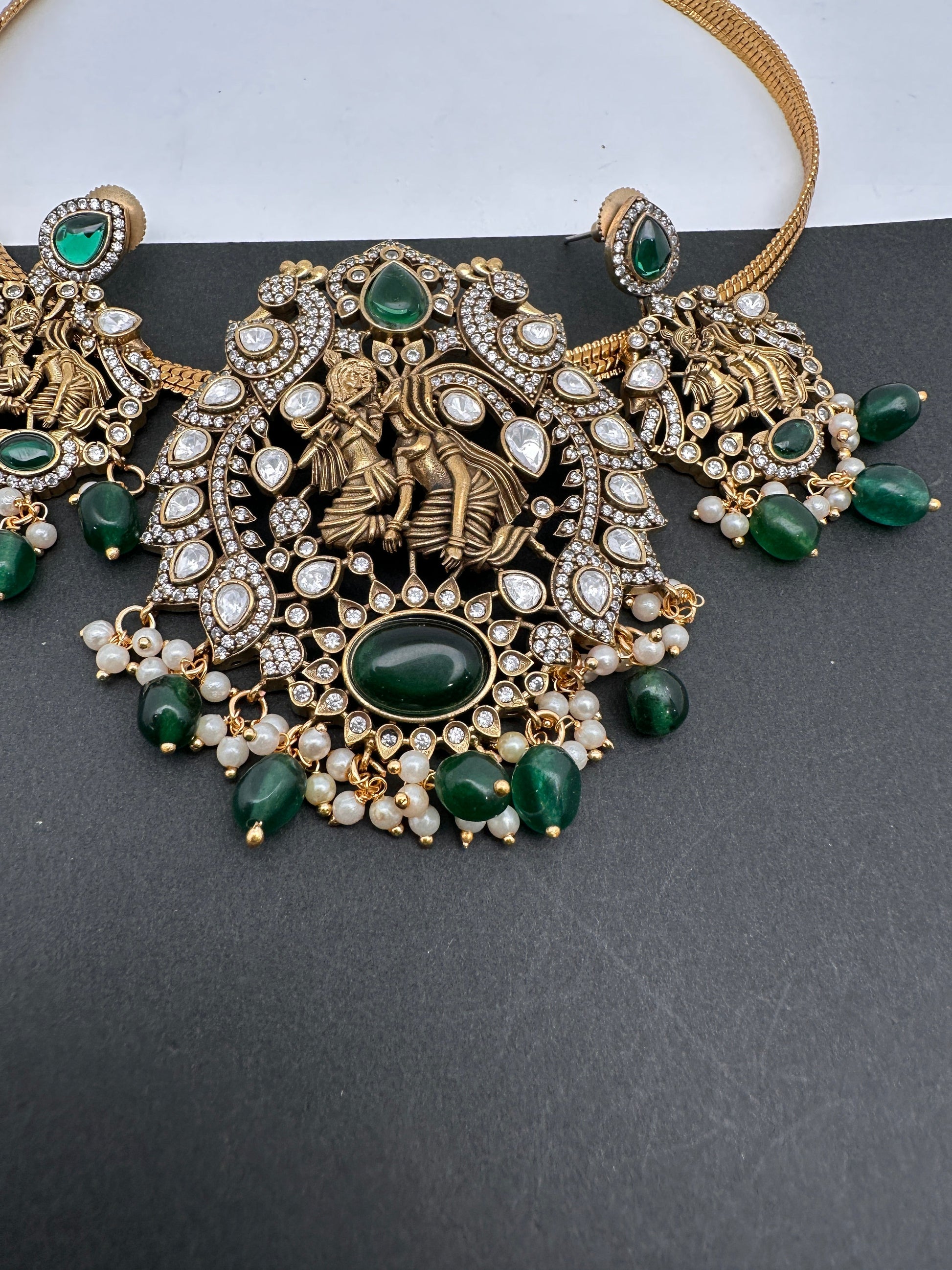 Radha Krishna Nakshi Color Stone Kundan Victorian Mehndi Finish Pendent Set - Green