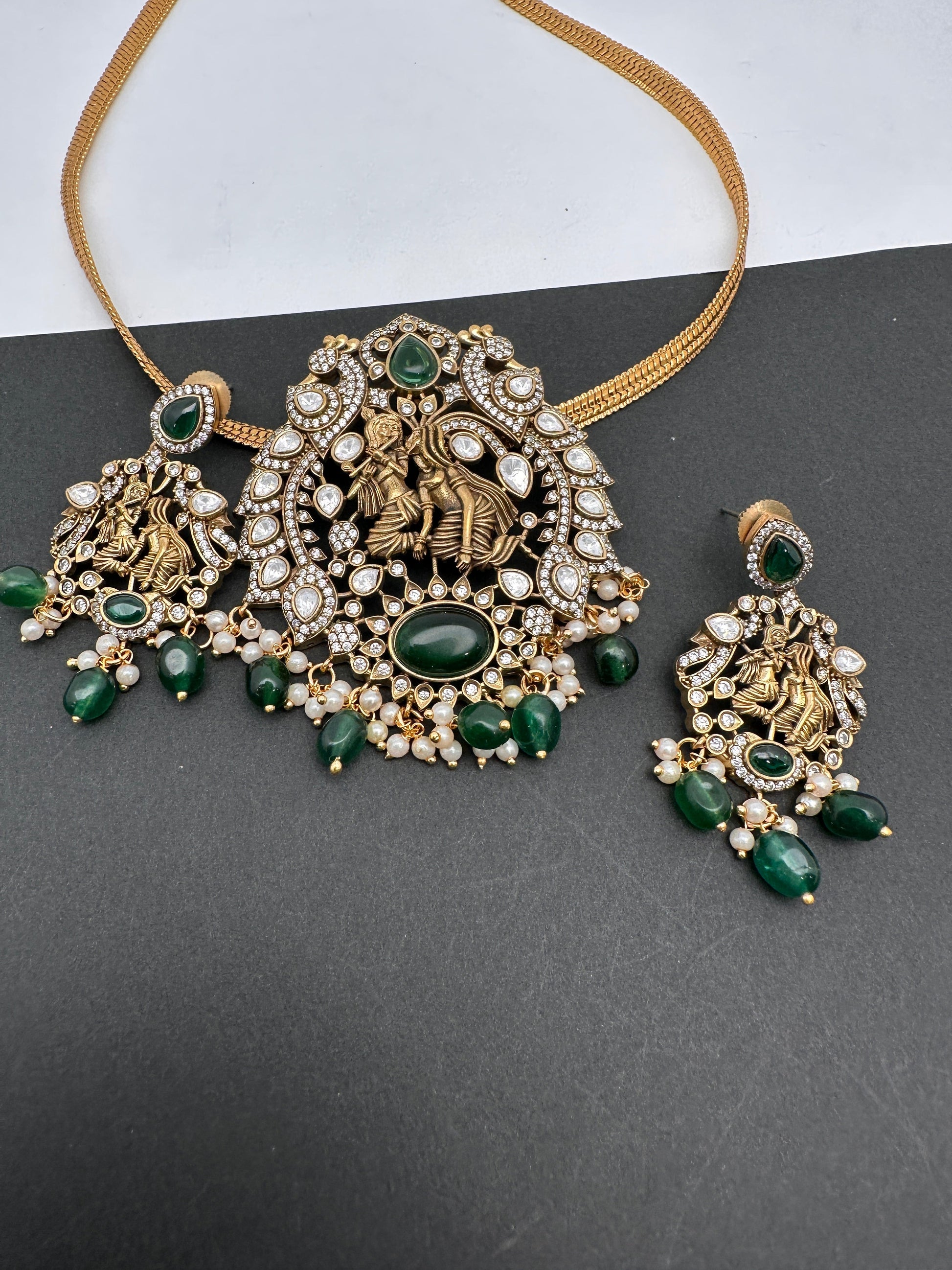 Radha Krishna Nakshi Color Stone Kundan Victorian Mehndi Finish Pendent Set - Green