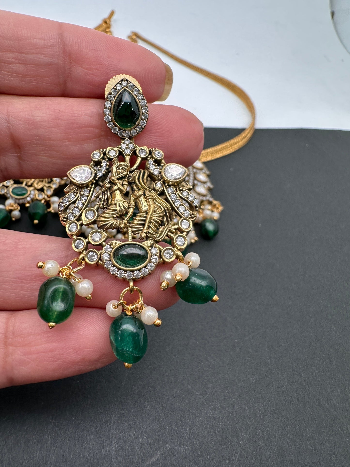 Radha Krishna Nakshi Color Stone Kundan Victorian Mehndi Finish Pendent Set - Green