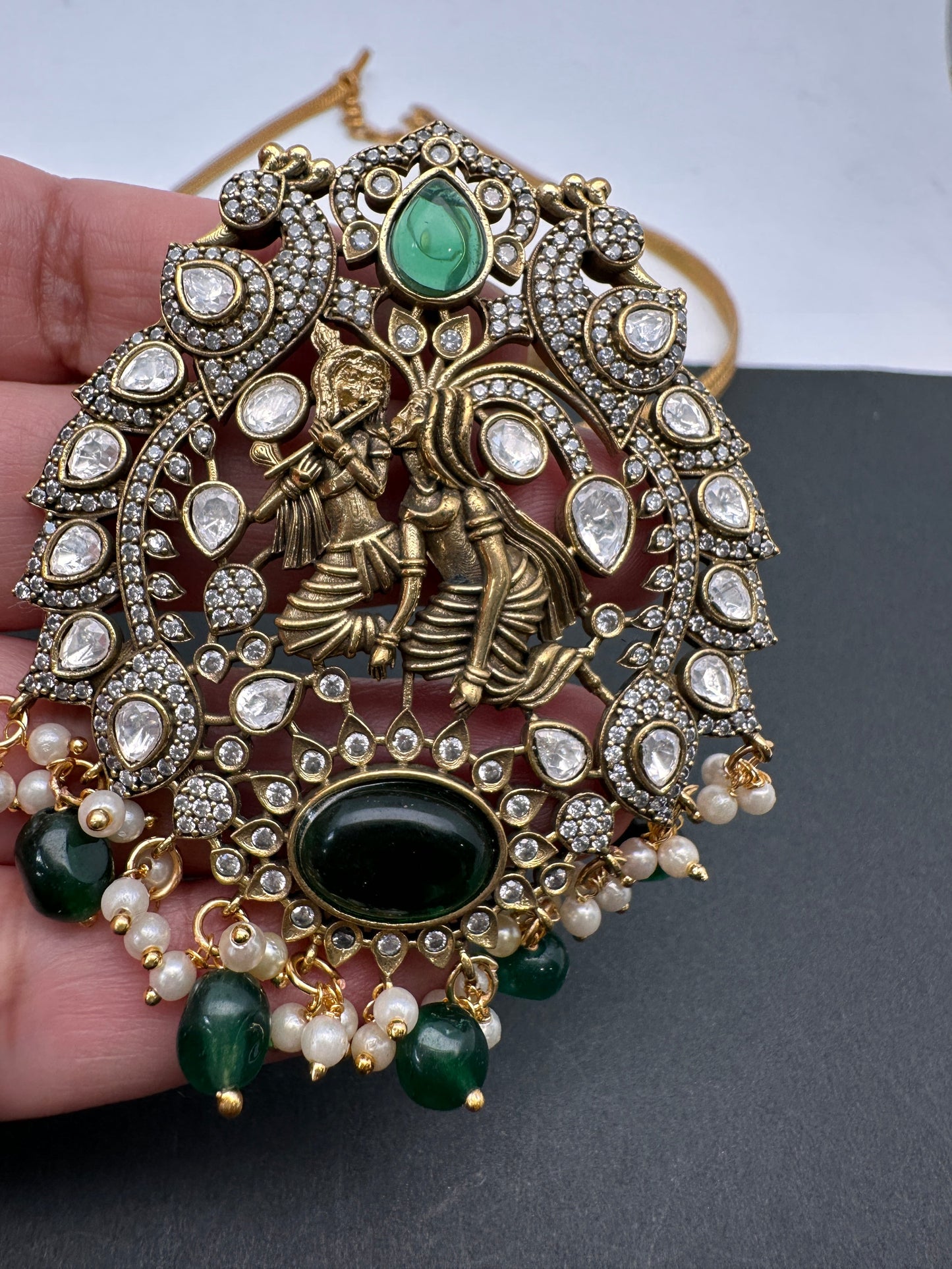 Radha Krishna Nakshi Color Stone Kundan Victorian Mehndi Finish Pendent Set - Green