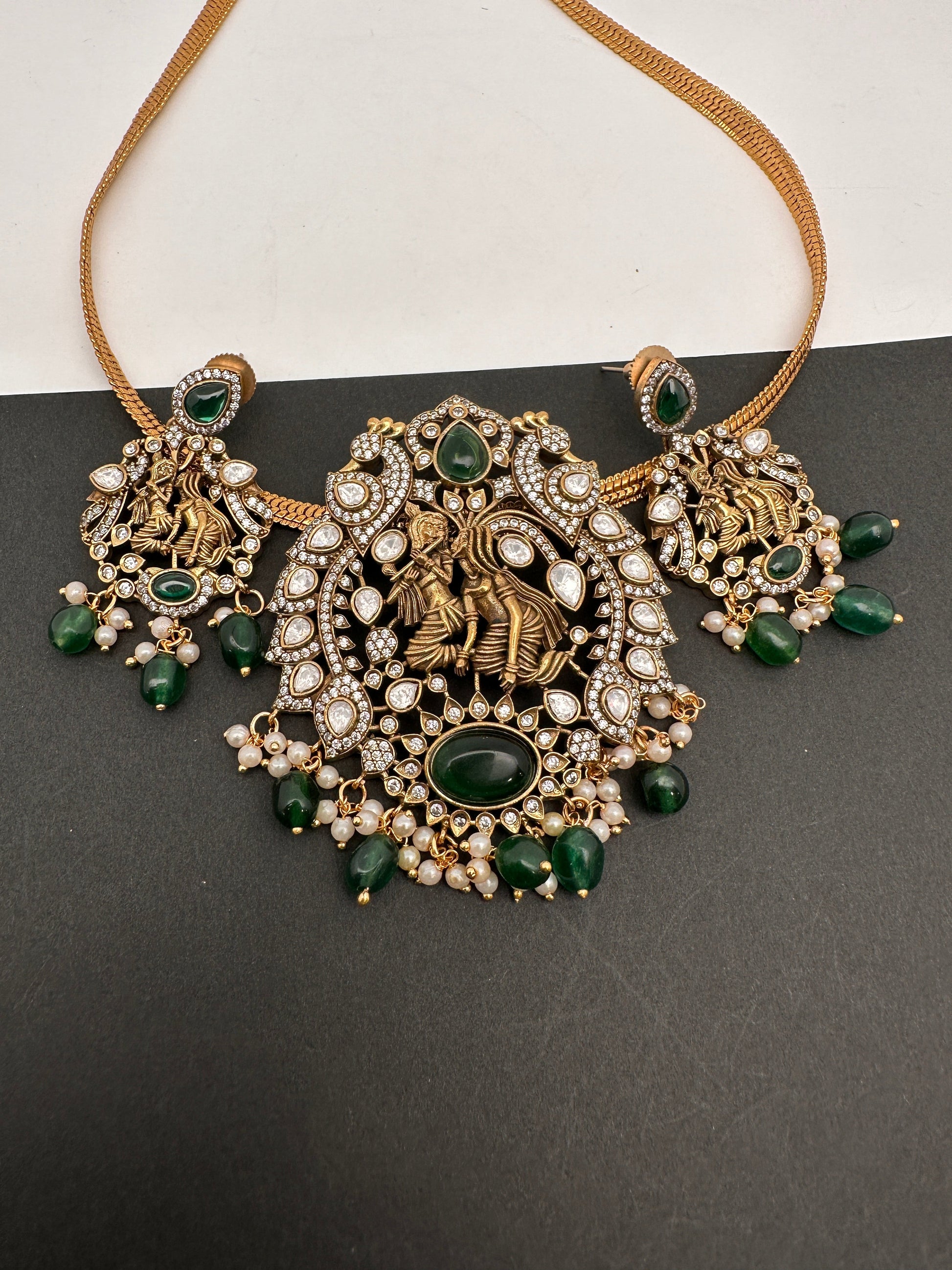 Radha Krishna Nakshi Color Stone Kundan Victorian Mehndi Finish Pendent Set - Green