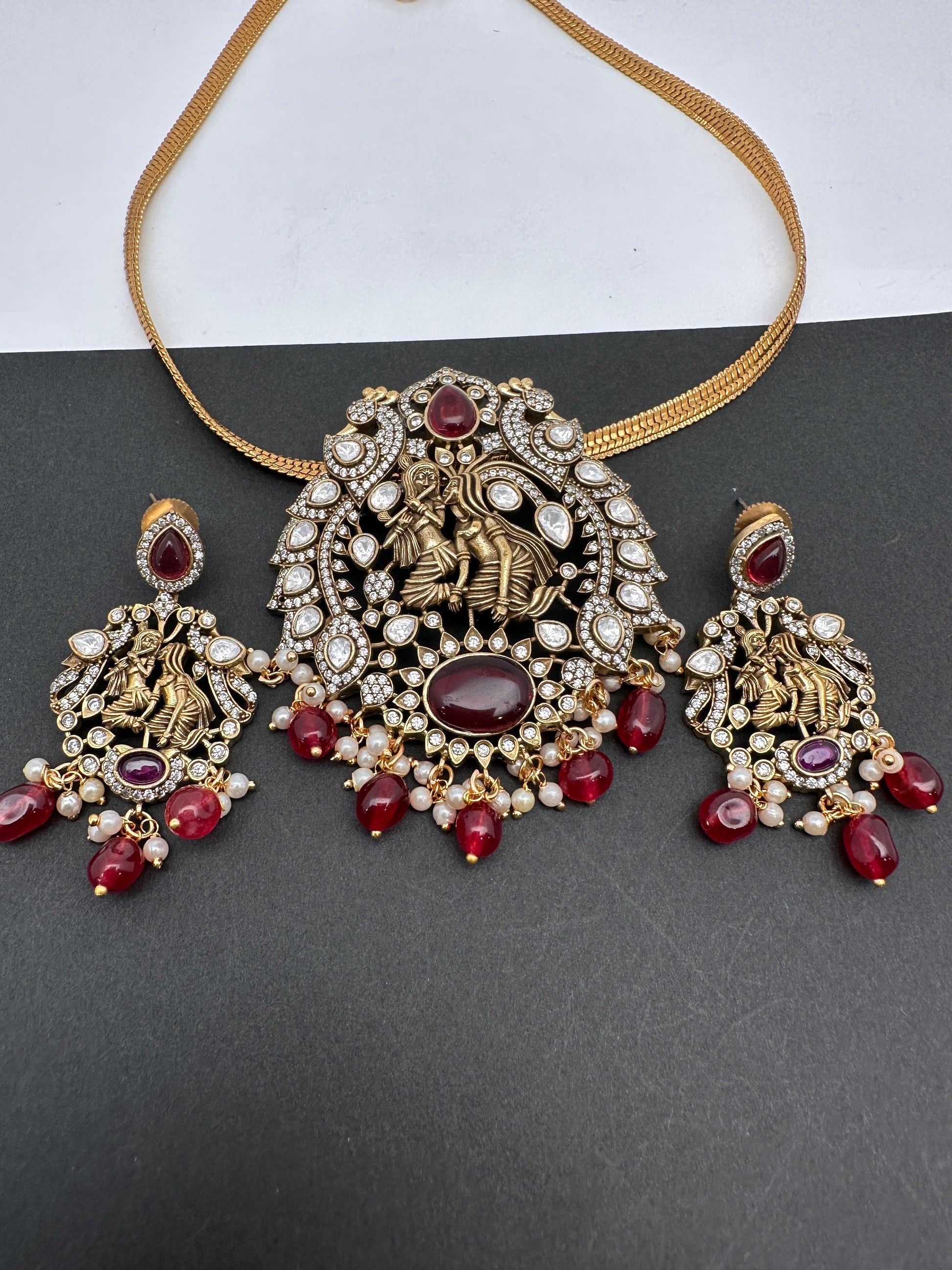 Radha Krishna Nakshi Color Stone Kundan Victorian Mehndi Finish Pendent Set - Red