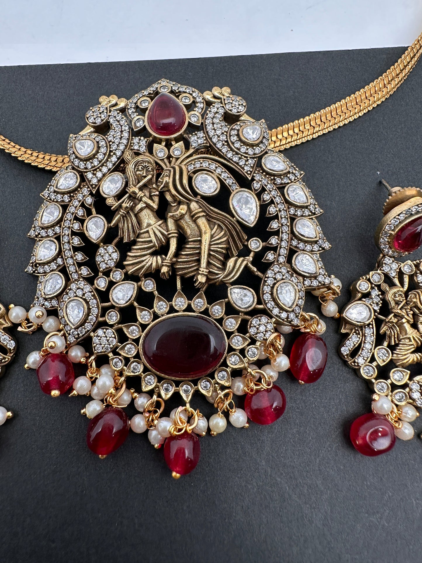 Radha Krishna Nakshi Color Stone Kundan Victorian Mehndi Finish Pendent Set - Red