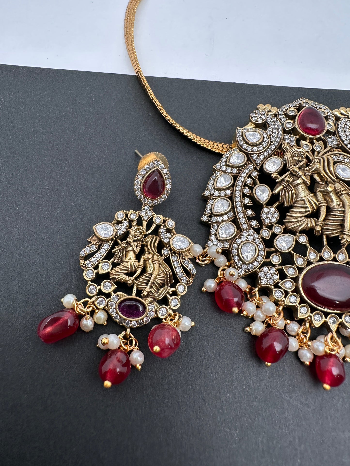 Radha Krishna Nakshi Color Stone Kundan Victorian Mehndi Finish Pendent Set - Red