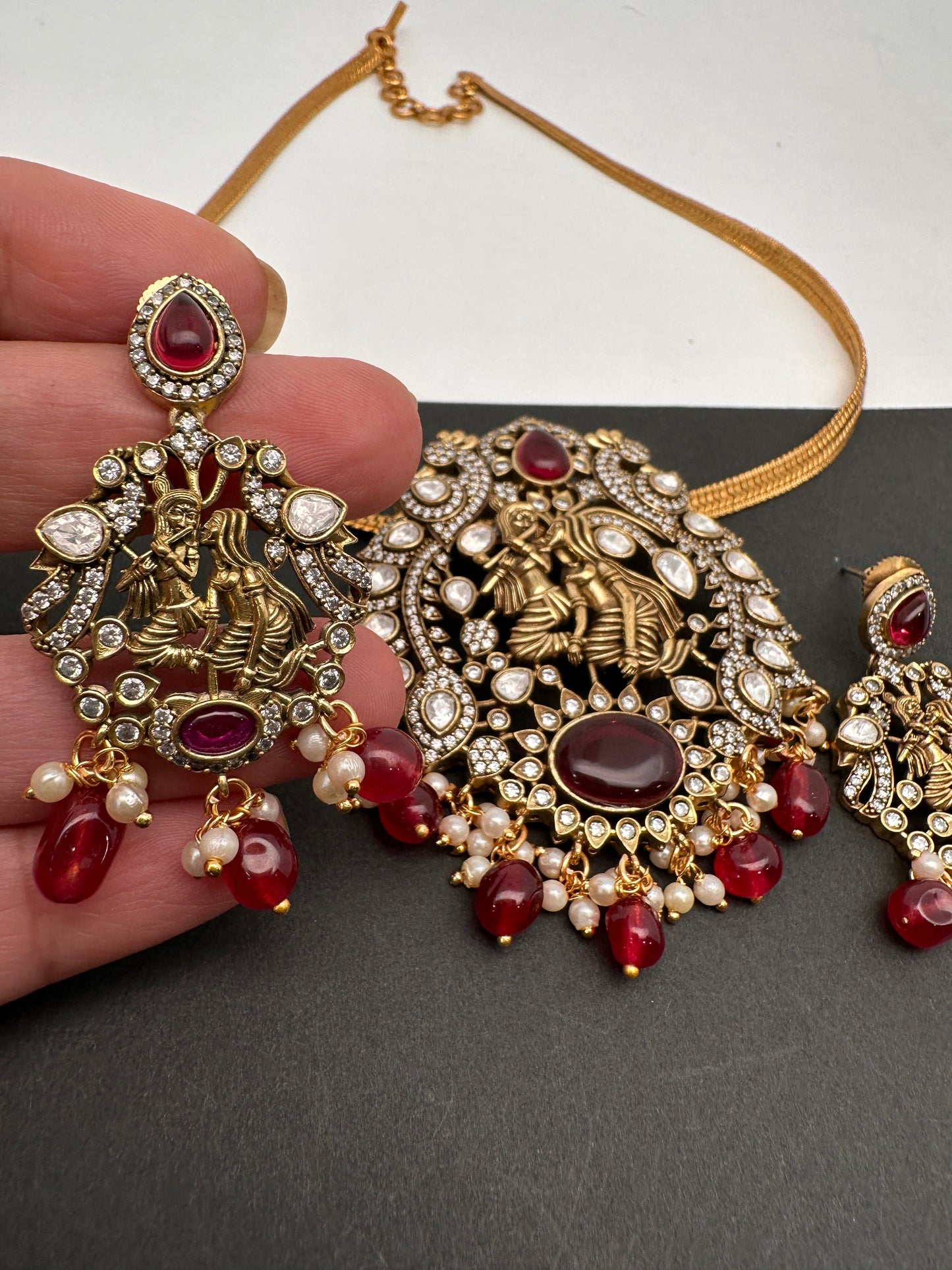 Radha Krishna Nakshi Color Stone Kundan Victorian Mehndi Finish Pendent Set - Red