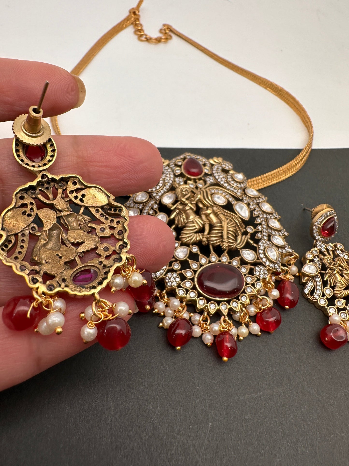 Radha Krishna Nakshi Color Stone Kundan Victorian Mehndi Finish Pendent Set - Red