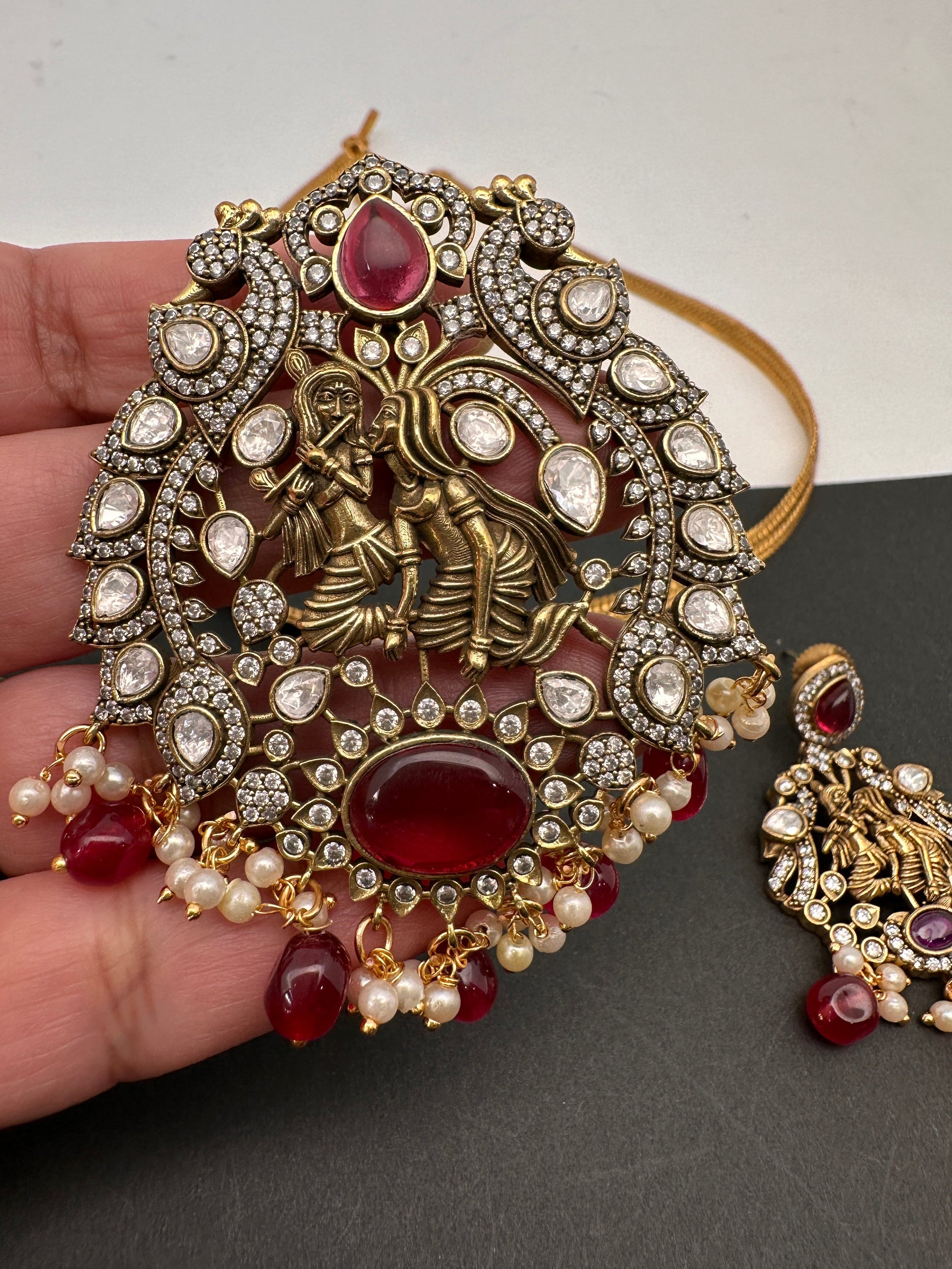 Radha Krishna Nakshi Color Stone Kundan Victorian Mehndi Finish Pendent Set - Red