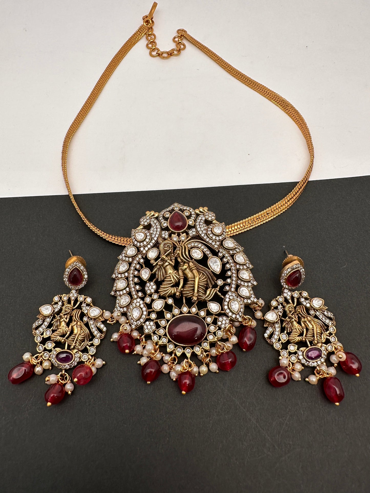 Radha Krishna Nakshi Color Stone Kundan Victorian Mehndi Finish Pendent Set - Red